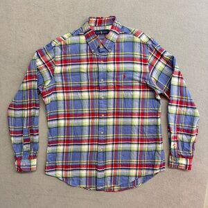 Polo Ralph Lauren Flannel Shirt Large Men's Plaid Button Up Blue Cotton